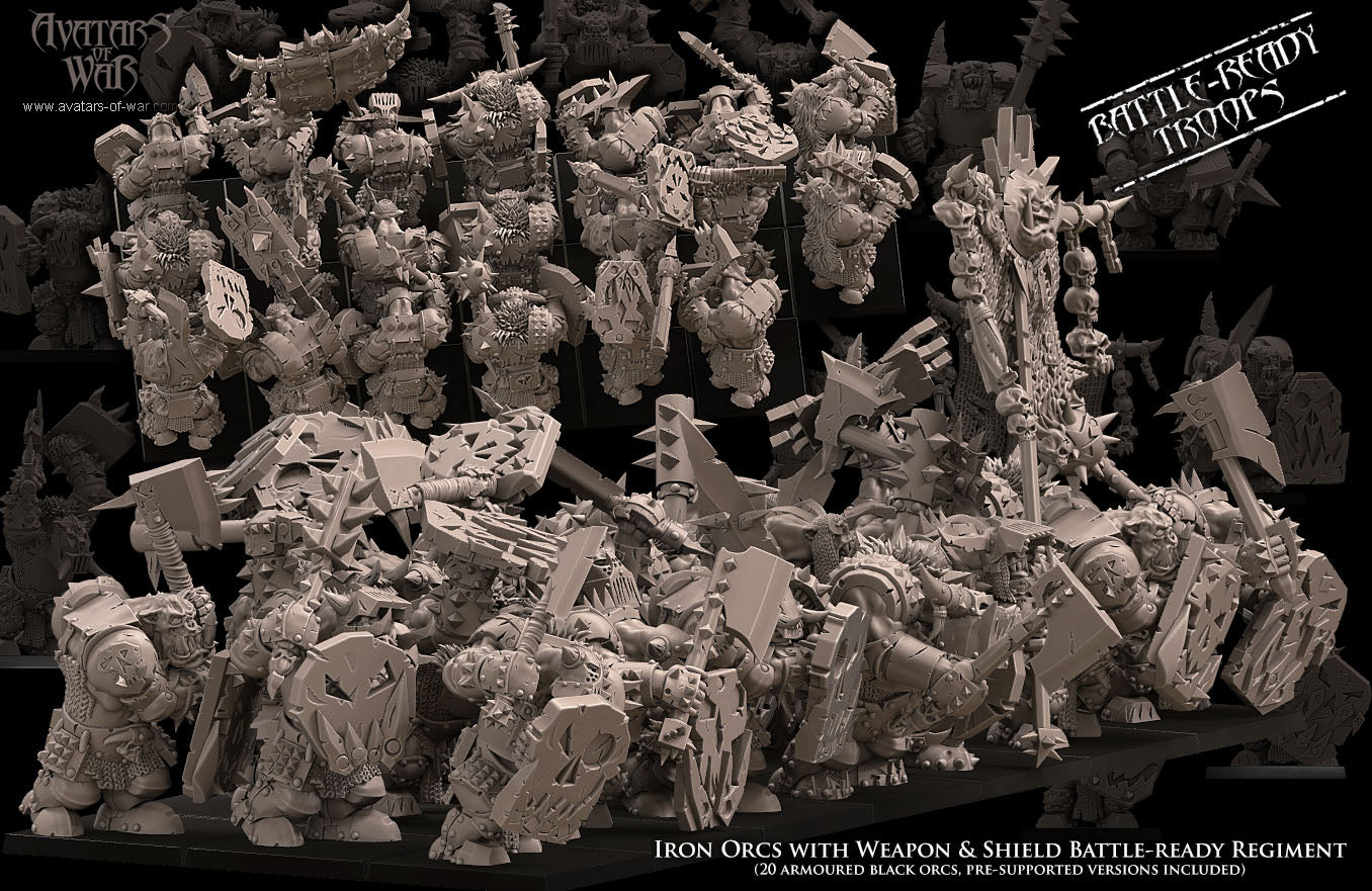 Orques noir avec arme de base et bouclier Régiment prêt au combat