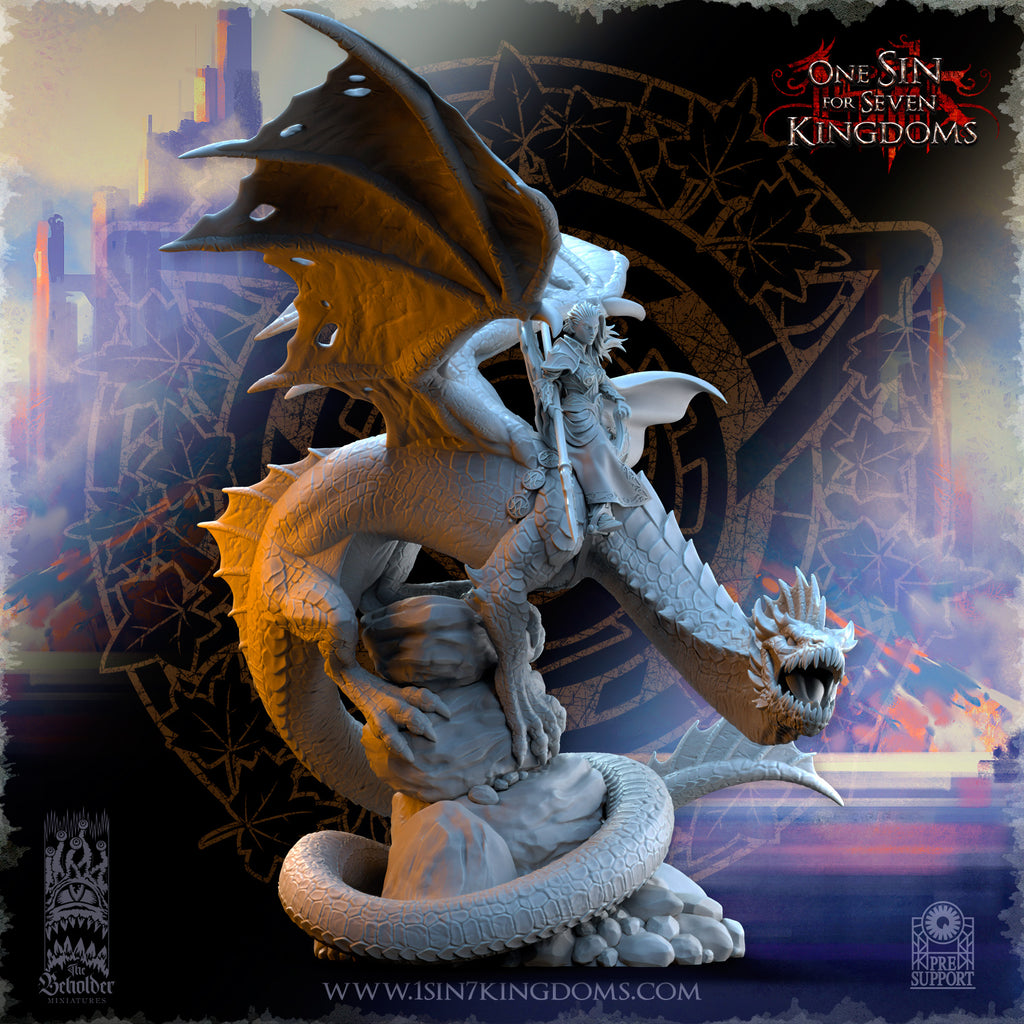 Ynariel, princesse des elfes d'Asur sur un dragon